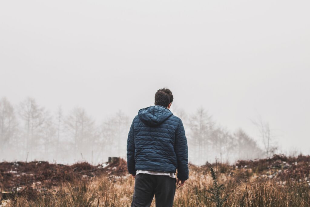 A man in a blue jacket stands in a foggy forest clearing, facing away.